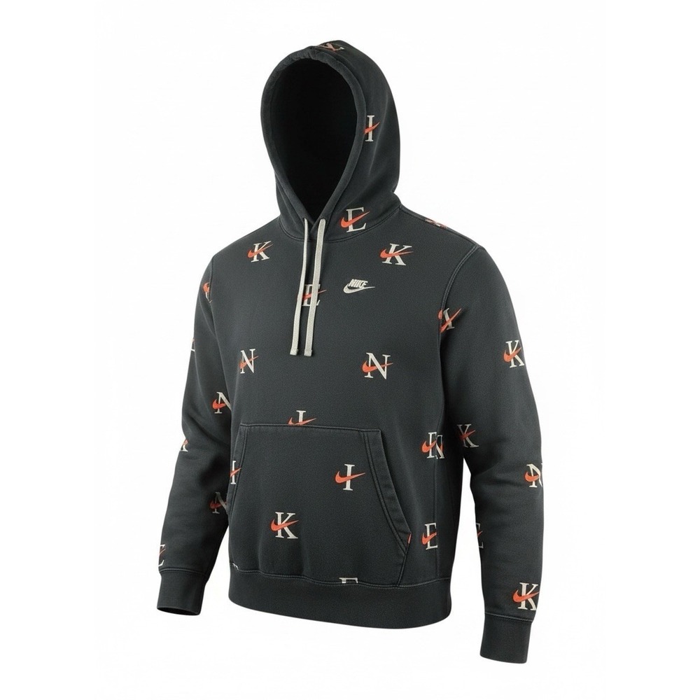 Nike All Over Print Hoodie Mens Large Black Swoosh Pullover Sweatshirt